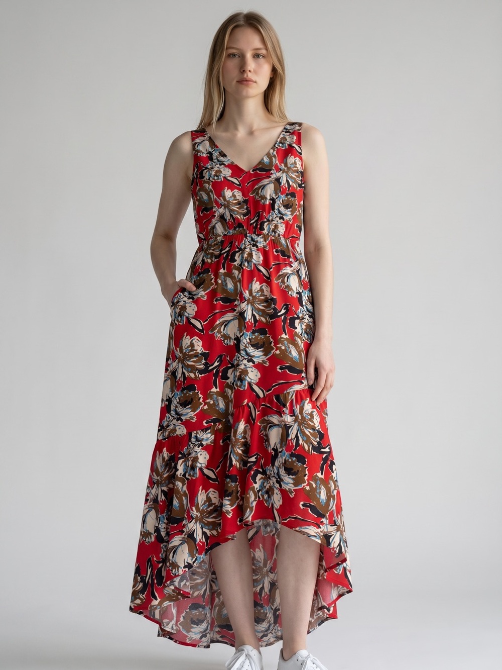Sam Edelman Red Floral High-Low V-Neck Dress